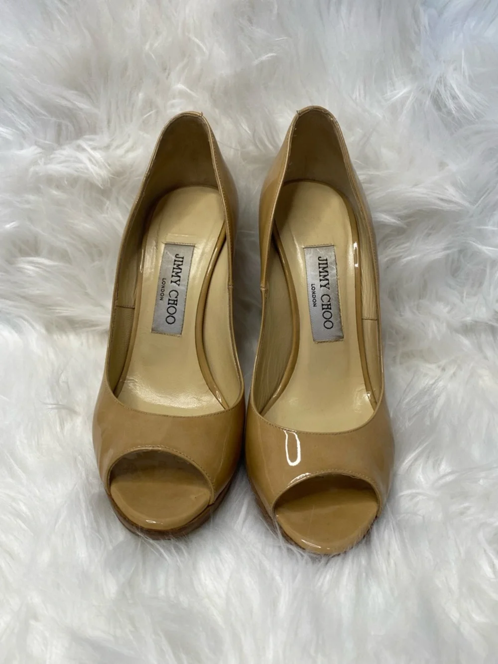 Jimmy Choo Nude Patent Leather Peep-Toe Pumps with Wooden Heels. Authentic - Picture 6 of 17